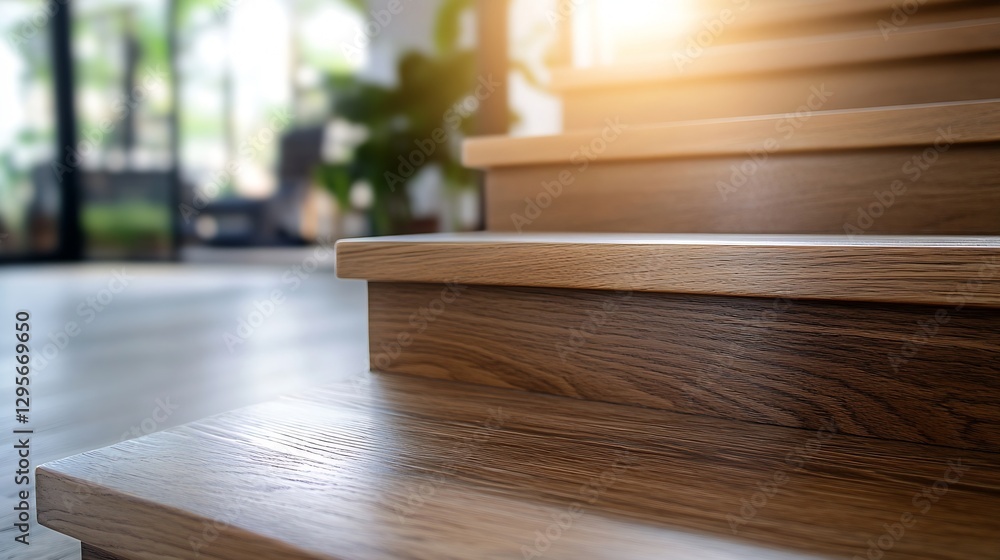 Aufkleber close up view of wooden stairs in a modern interior design setting with soft lighting : generative a