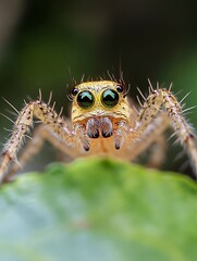 Macro image of a fascinating spider with striking green eyes and fine hair details : Generative AI
