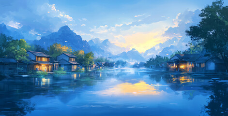 Fototapeta premium Serene Asian Village at Sunrise Mountain Lake Houses Reflection