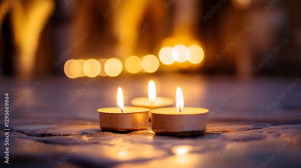 Poster Tranquil arrangement of three lit candles casting a warm glow against a softly blurred atmospheric background : Generative AI