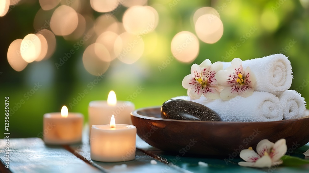 Poster relaxing spa setting with rolled towels and candles for a peaceful retreat experience : generative a