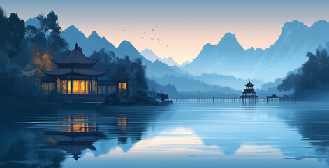Serene Asian Lakeside Pavilion at Dawn Tranquil Landscape with Mountain Reflections