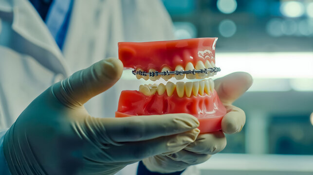 A person holding a model of a denture in their hands