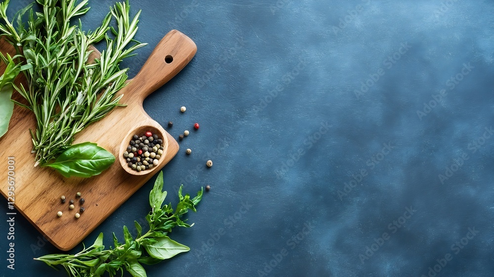 Poster Fresh herbs and spices on a rustic wooden cutting board creating a vibrant culinary background : Generative AI