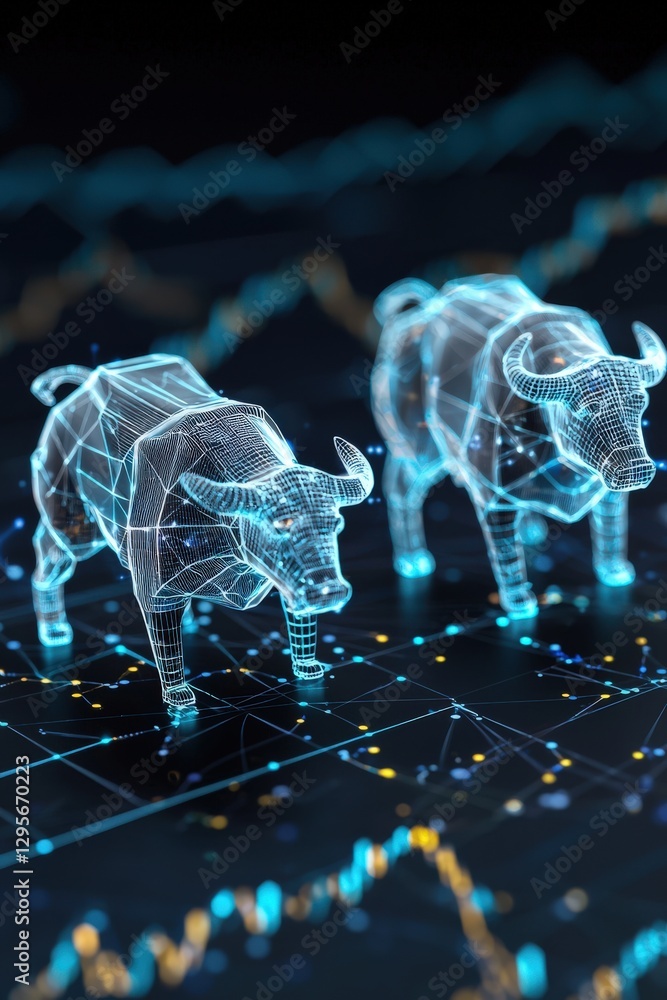 Poster abstract representation of a bullish market with digital bull figures and data visualization. ideal 