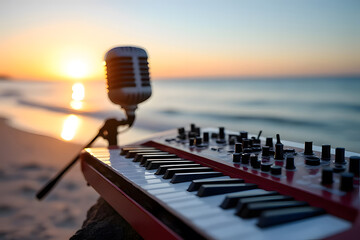 Electric keyboard and microphone by the sea, ready to create sound at night by the beach