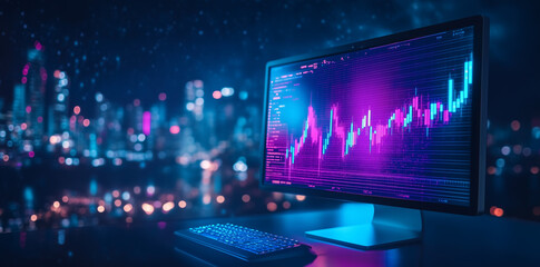Night Cityscape Background with Stock Market Data Displayed on Computer Screen