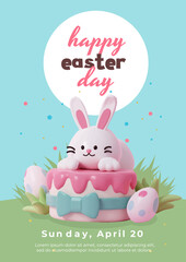 Easter Bunny on Cake with Colorful Eggs in Playful Style, vector illustration