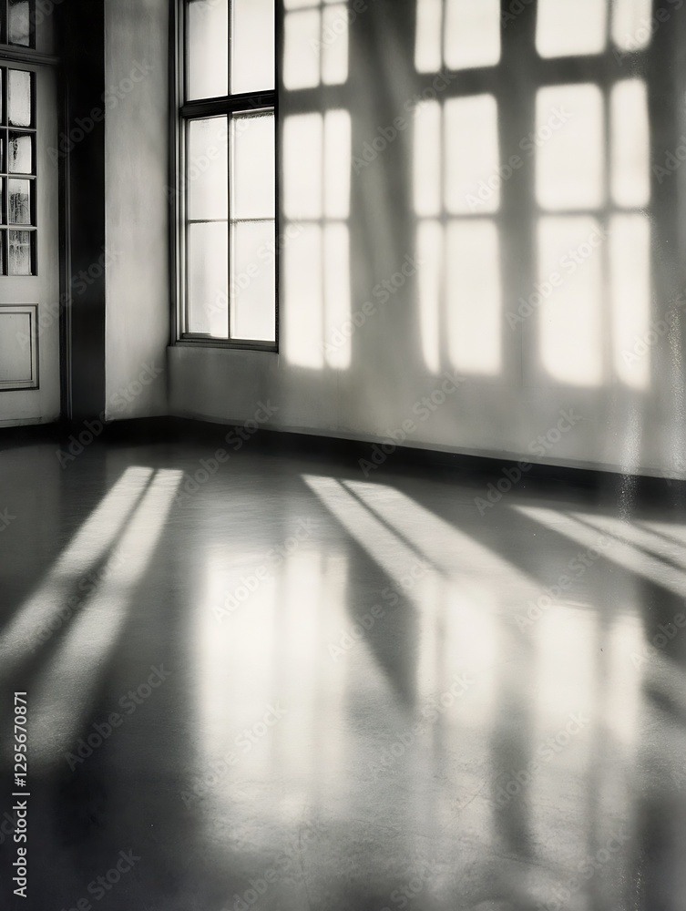 Poster light and shadows dance across the floor in a serene monochrome room : generative ai