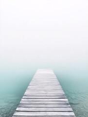 empty wooden pier extending into misty waters, sense of infinity, poetic and meditative, soft muted colors, tranquil atmosphere, dreamlike minimalism, nature s solitude, gentle reflections,