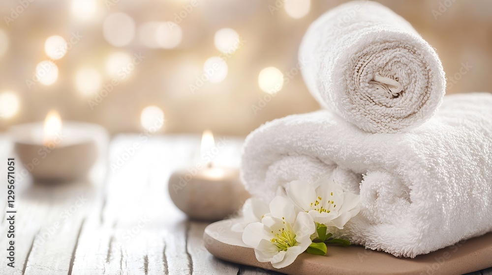 Leinwandbilder calming spa scene with soft white towels and candles for relaxation and serenity : generative ai