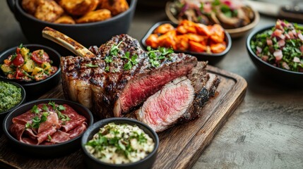 Obraz premium Delicious grilled tomahawk steak with sides. Gourmet food concept.