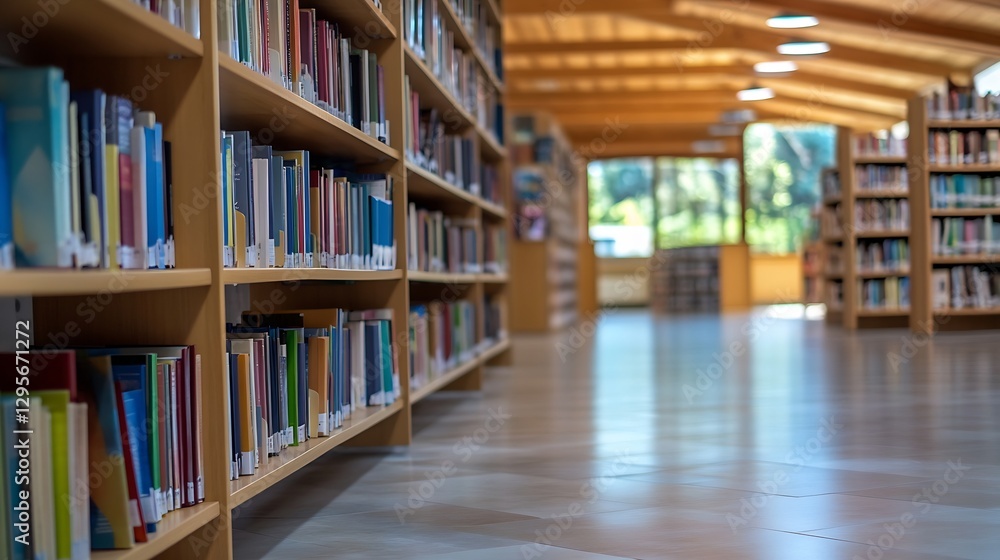 Poster Modern library interior showcasing rows of colorful books on shelves in a bright and inviting reading space : Generative AI