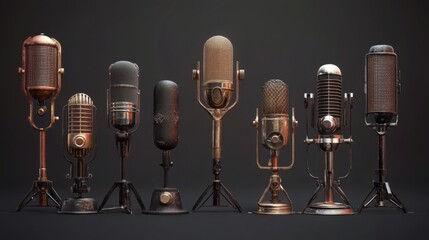 antique studio microphone collection, metallic sheen details, classic broadcasting equipment, professional mounting hardware, dramatic spotlight effects, timeless audio gear, precise mechanical