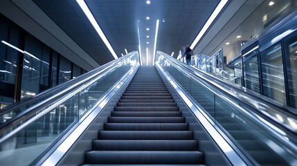 Fototapeta premium Modern escalator leading up with a bright illuminated path in a sleek contemporary building : Generative AI