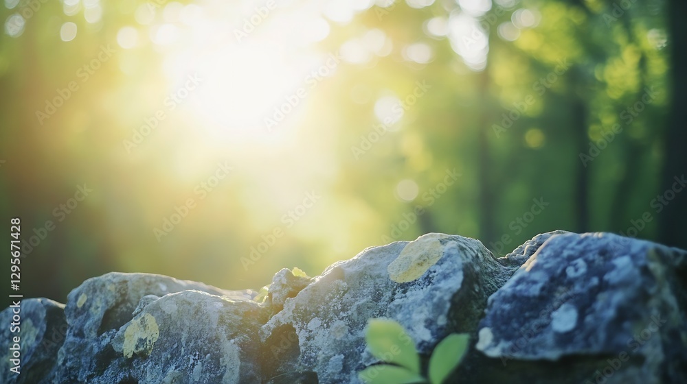 Fototapete sunlight filtering through trees illuminating a rustic stone wall in a forest setting : generative a