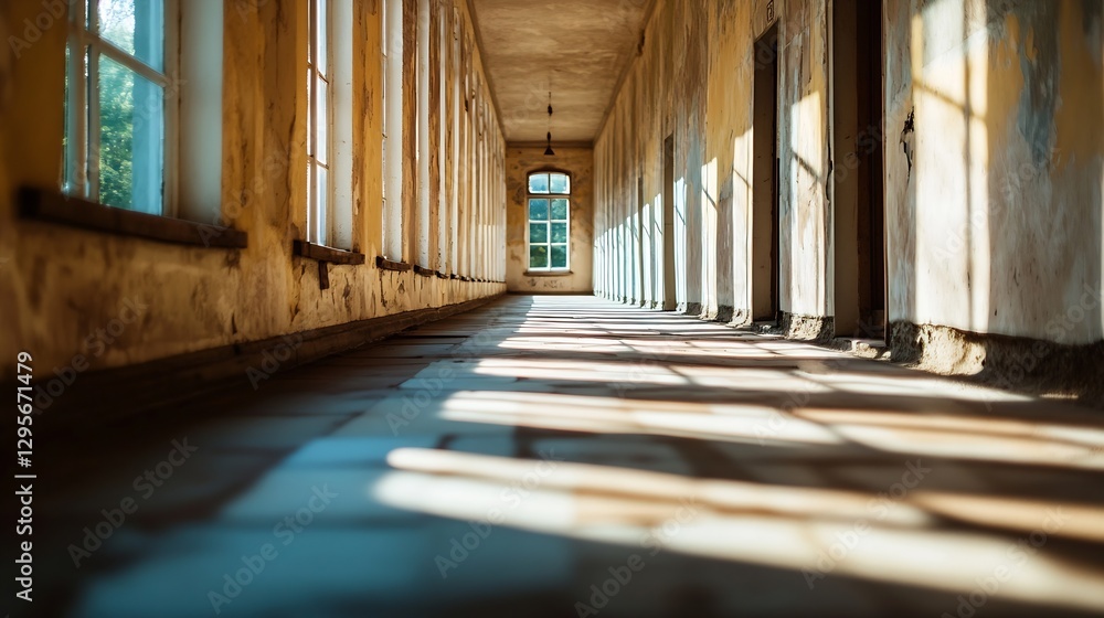 Poster bright and inviting abandoned hallway bathed in natural light with long shadows : generative ai