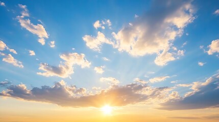 Golden sunrise illuminating a beautiful sky filled with fluffy clouds and blue tones : Generative AI