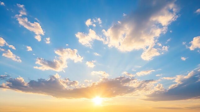 Golden sunrise illuminating a beautiful sky filled with fluffy clouds and blue tones : Generative AI