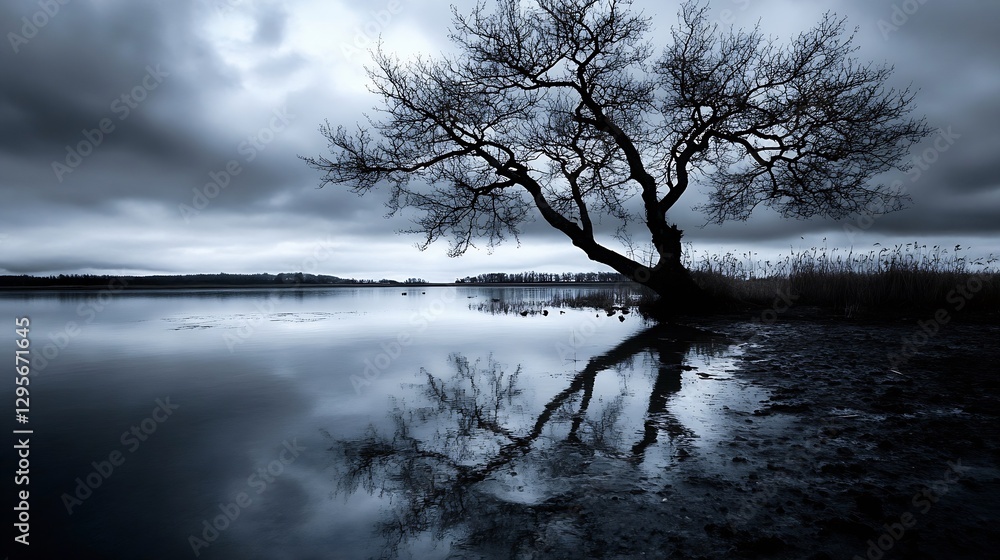 Aufkleber serene and moody landscape featuring a solitary tree reflected in still water under a cloudy sky : g