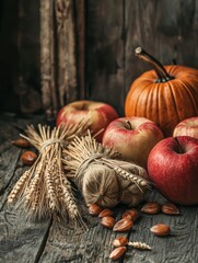 A vibrant composition of seasonal bounty, showcasing the rich colors and textures of fall harvest with apples, pumpkin, wheat, and almonds.