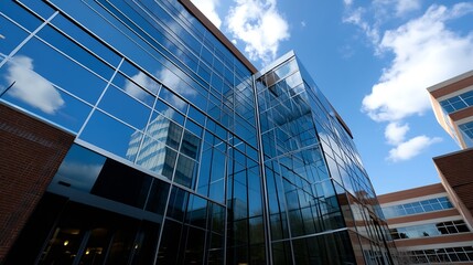 Fototapeta premium Modern glass architecture reflecting clouds and blue sky creating a striking urban landscape : Generative AI