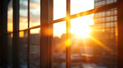 Fototapeta premium Golden Sunset Glimpsing Through Window Panels Creating a Warm and Inviting Ambiance : Generative AI