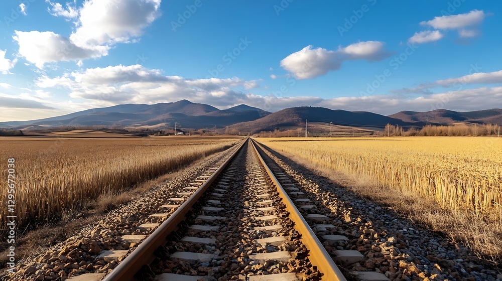 Poster picturesque railway tracks stretching through golden fields under a blue sky with mountains in the b