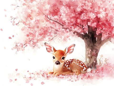 Resting Fawn Under Cherry Blossom Tree - Gentle Watercolor Illustration