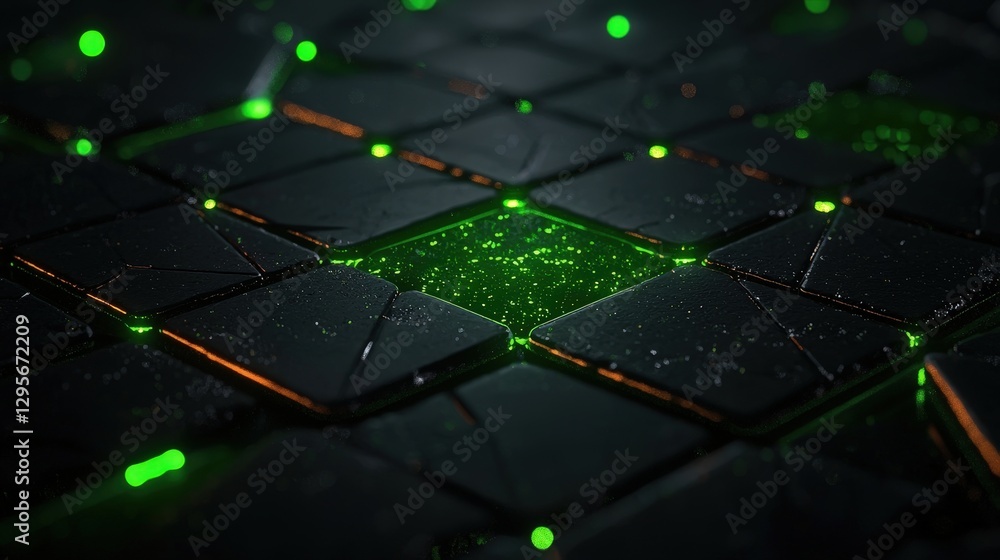 Poster textured pattern of dark tiles with illuminated centers on a dark backdrop