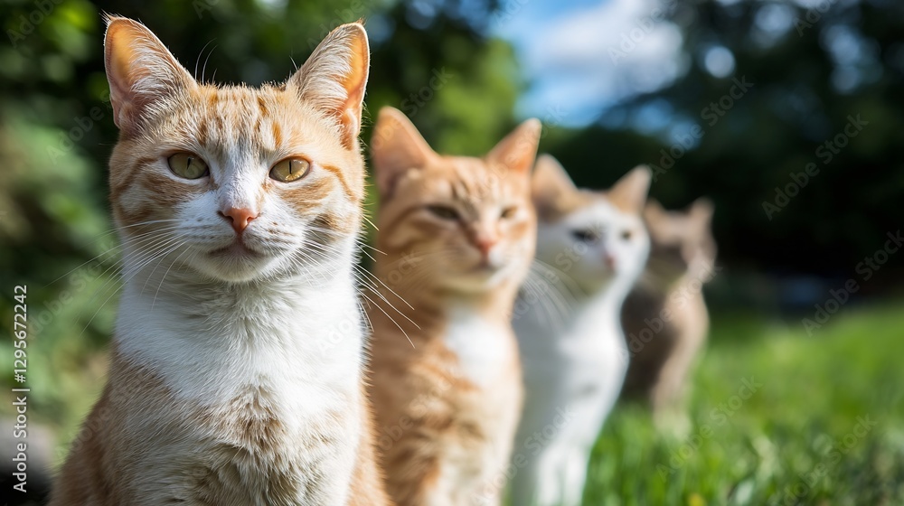 Poster group of charming cats posing in a row on green grass under a blue sky : generative ai