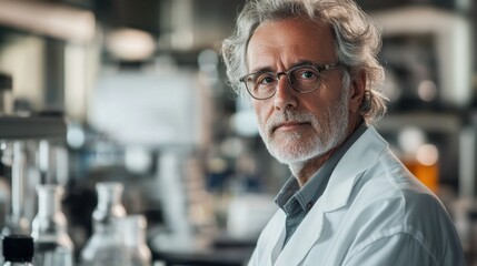 Fototapeta premium Senior Scientist in Laboratory Conducting Research with Glassware, Wearing Glasses, White Lab Coat, and Gray Hair in Modern Scientific Environment