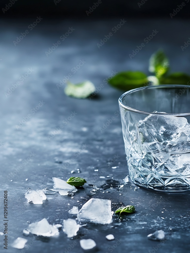 Aufkleber close up view of a glass filled with ice cubes and fresh mint leaves on dark background : generative