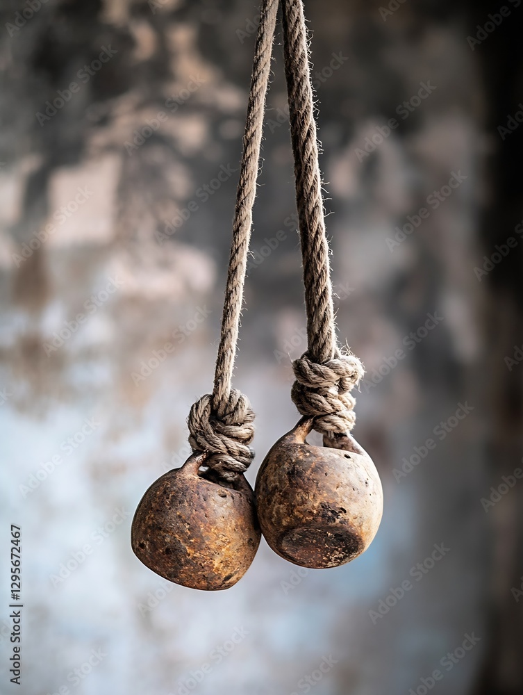Poster an artistic view of rustic bells hanging by rope against a textured background representing traditio