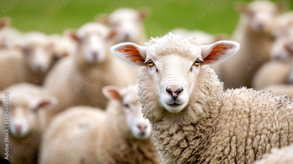 Poster Close up of a sheep looking towards the camera with a herd of sheep in a lush green pasture : Generative AI