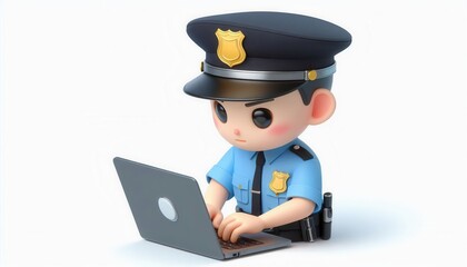 Police officer working on laptop digital scene cartoon style modern environment close-up view