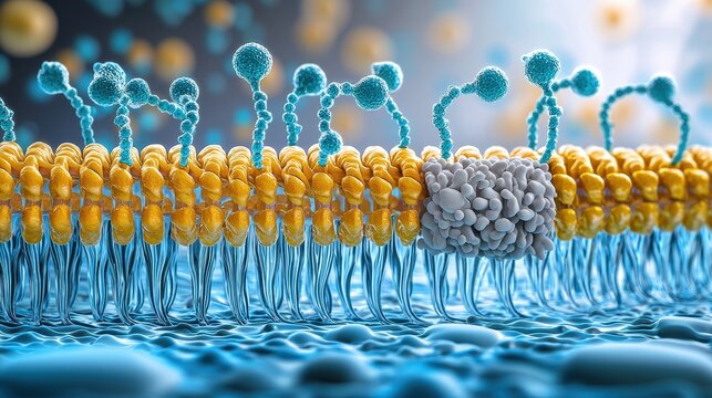 A 3D rendering unveils the intricate structure of a cell membrane, revealing its diverse components: glycoproteins and glycolipids, cholesterol, peripheral proteins embedded within the lipid 