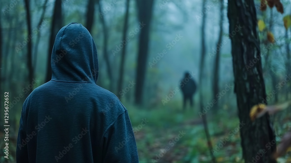 Poster mysterious figure walking through foggy woods with dark shadows in the background : generative ai