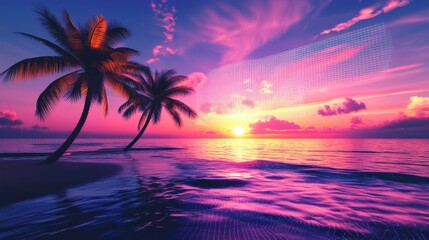 synthwave coastal vista, retro futuristic wireframe ground, neon laser grid extending to infinity, tropical palm trees silhouettes, chrome elements, holographic sunset, electric color palette,