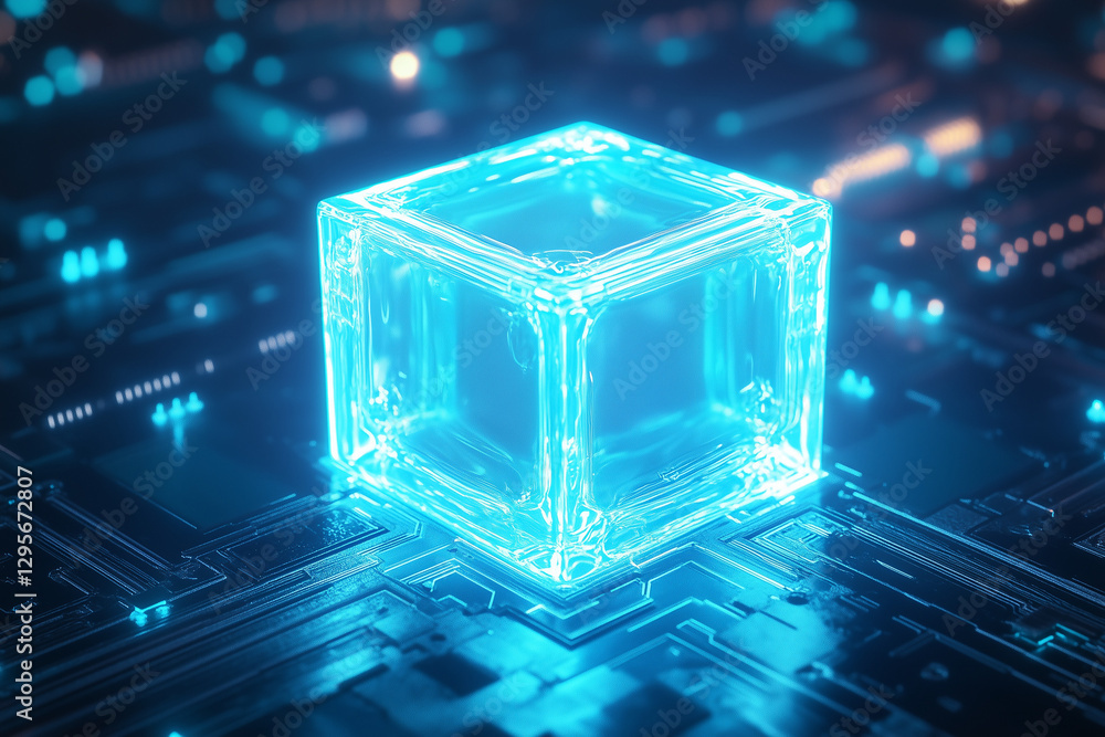 Poster futuristic glowing cube on abstract circuit board technology background digital art