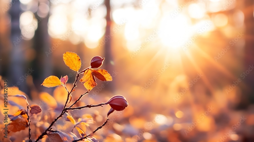 Aufkleber golden autumn leaves with sunlight streaming through the trees in a lush forest : generative ai