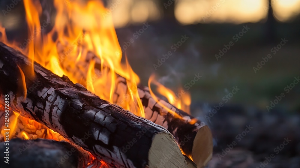 Poster vibrant flames dancing on a stack of logs in a cozy fire setup : generative ai