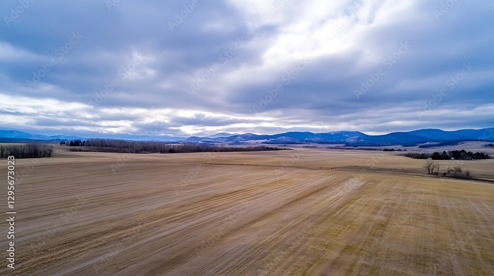 Poster aerial view of a vast open landscape showcasing rolling hills under a dramatic cloudy sky : generati