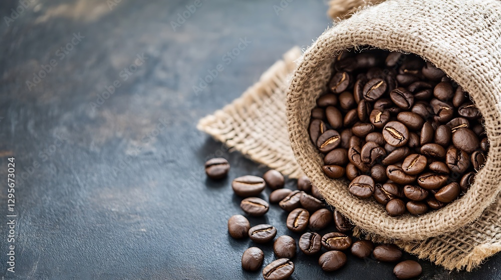 Poster roasted coffee beans spilling from rustic burlap bag on dark table : generative ai