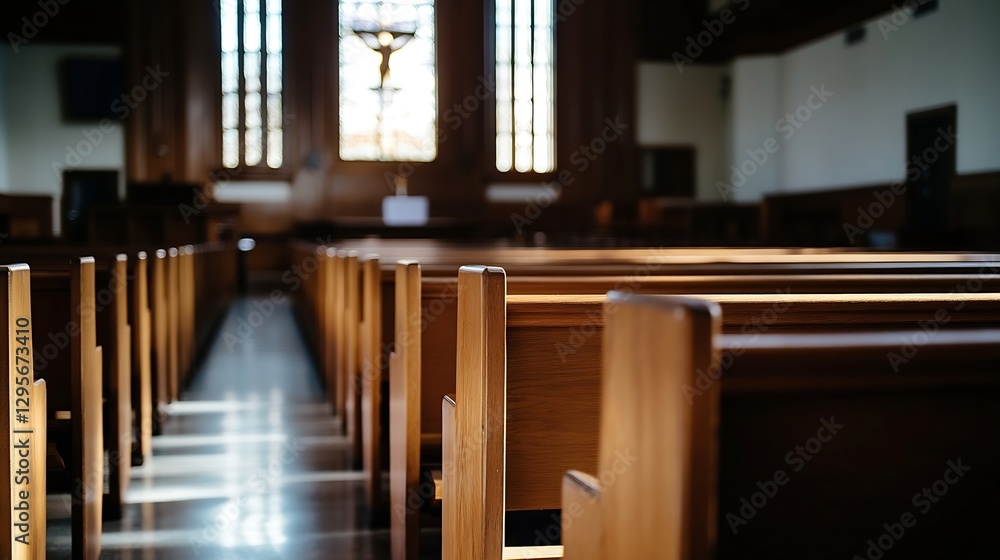 Aufkleber inside a beautiful wooden church with natural light streaming through the windows creating a serene 