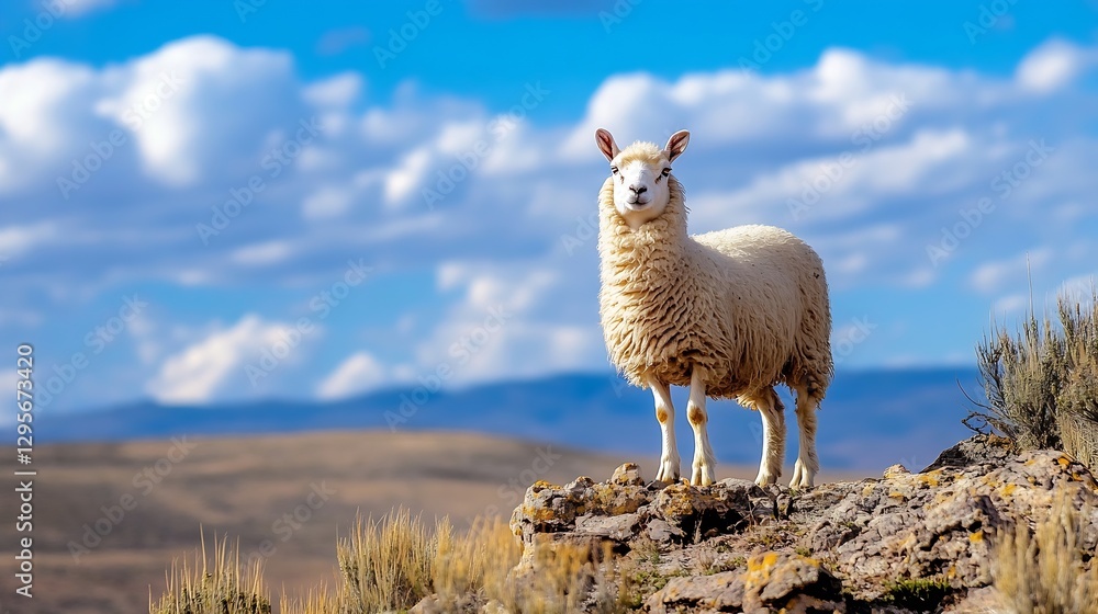 Poster adorable sheep standing proudly on rocky terrain with a backdrop of beautiful blue sky and clouds : 
