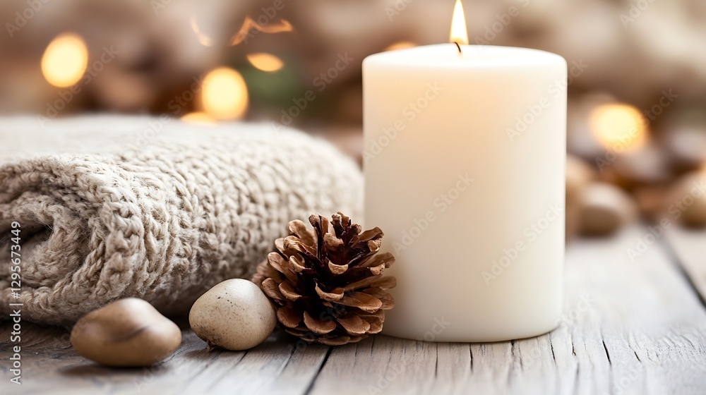 Poster tranquil scene of a white candle with natural elements on rustic wood : generative ai