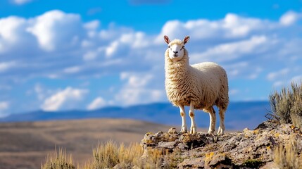 Fototapeta premium Adorable sheep standing proudly on rocky terrain with a backdrop of beautiful blue sky and clouds : Generative AI