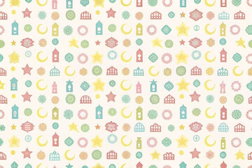 Pastel Ramadan seamless pattern with crescent moons, stars, and lanterns.