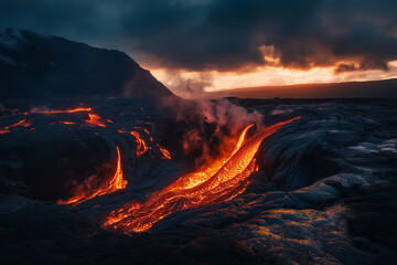 Fototapeta premium Dramatic Volcanic Lava Flow at Sunset Fiery Eruption Dark Mountain Landscape